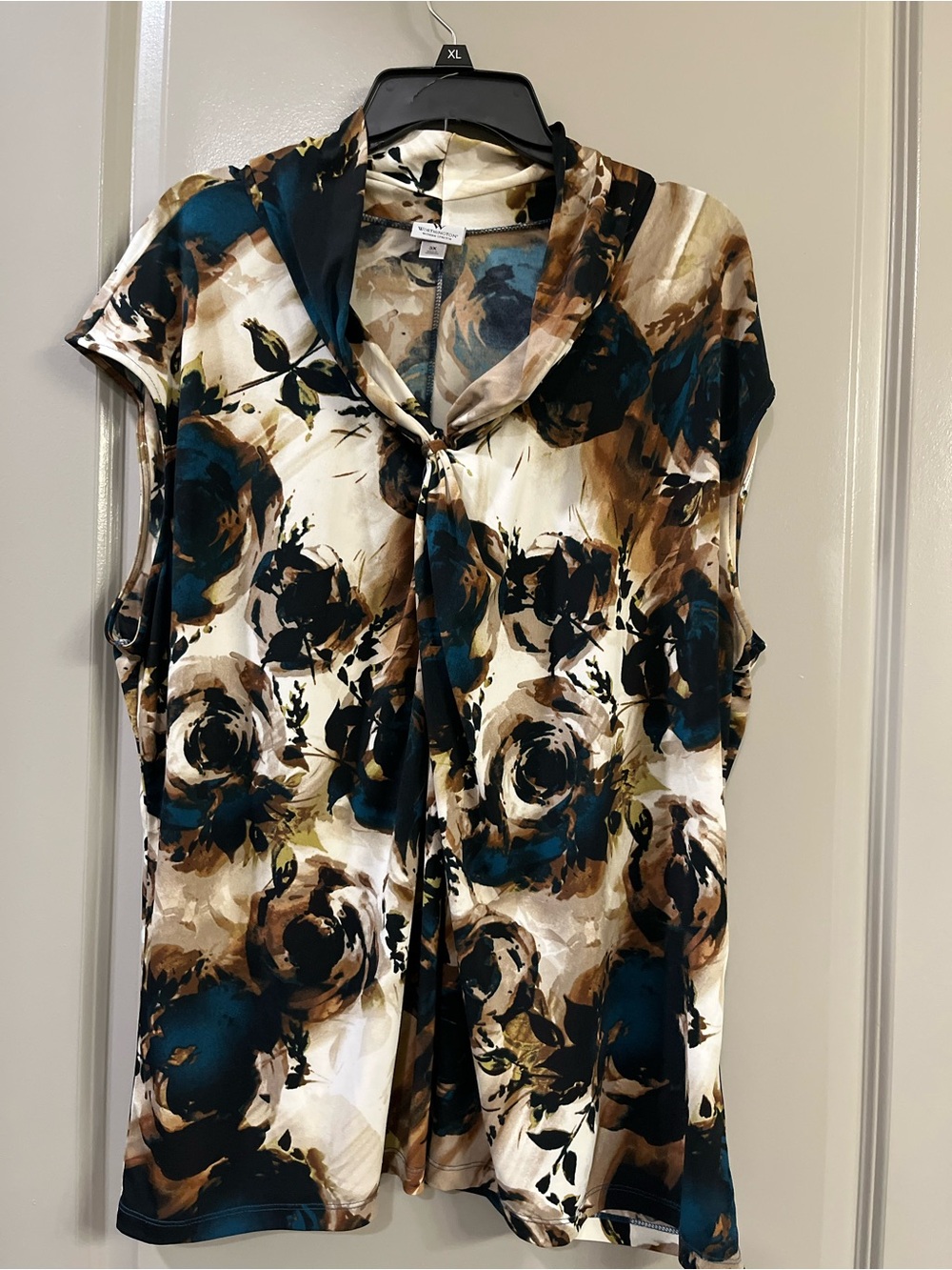 Worthington Floral Tie-Neck Sleeveless Top in Teal, Brown & Cream